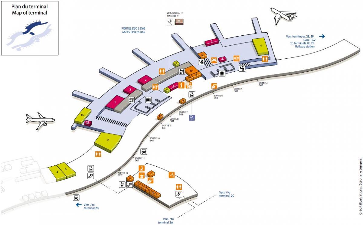 Mapa CDG letiště terminál 2D