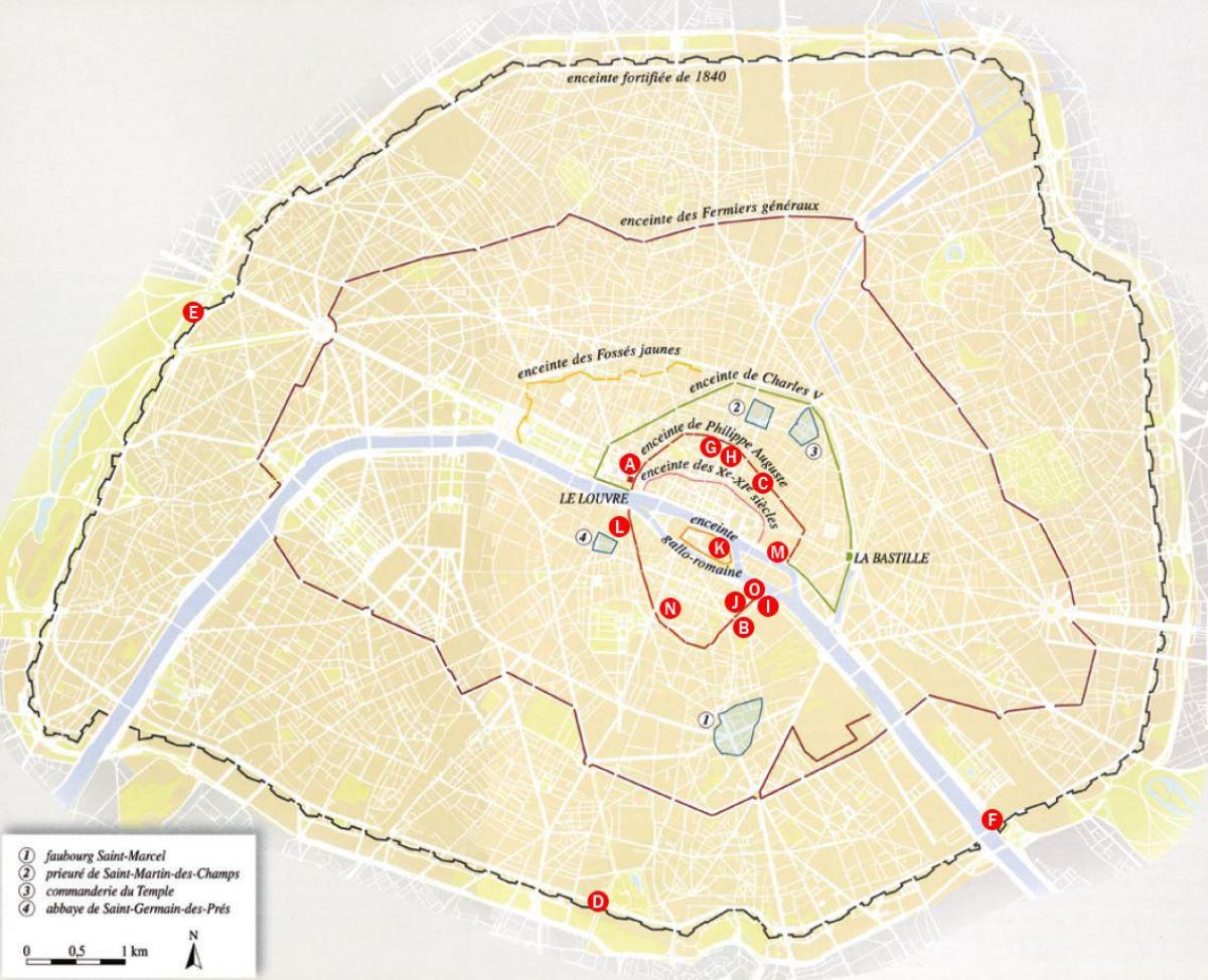 Mapa Městské hradby ve městě Paříž