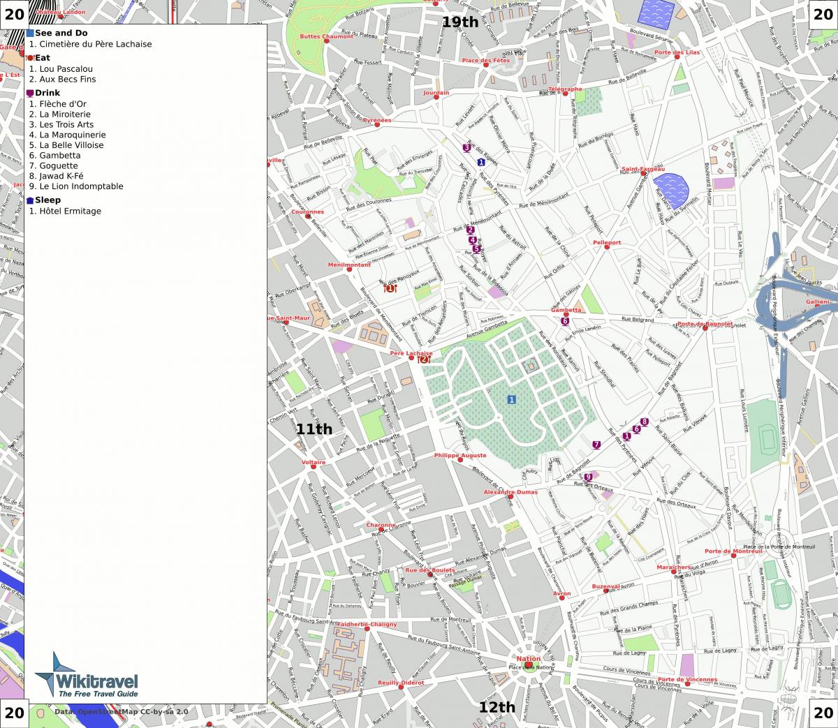 Mapa 20. arrondissement Paříže
